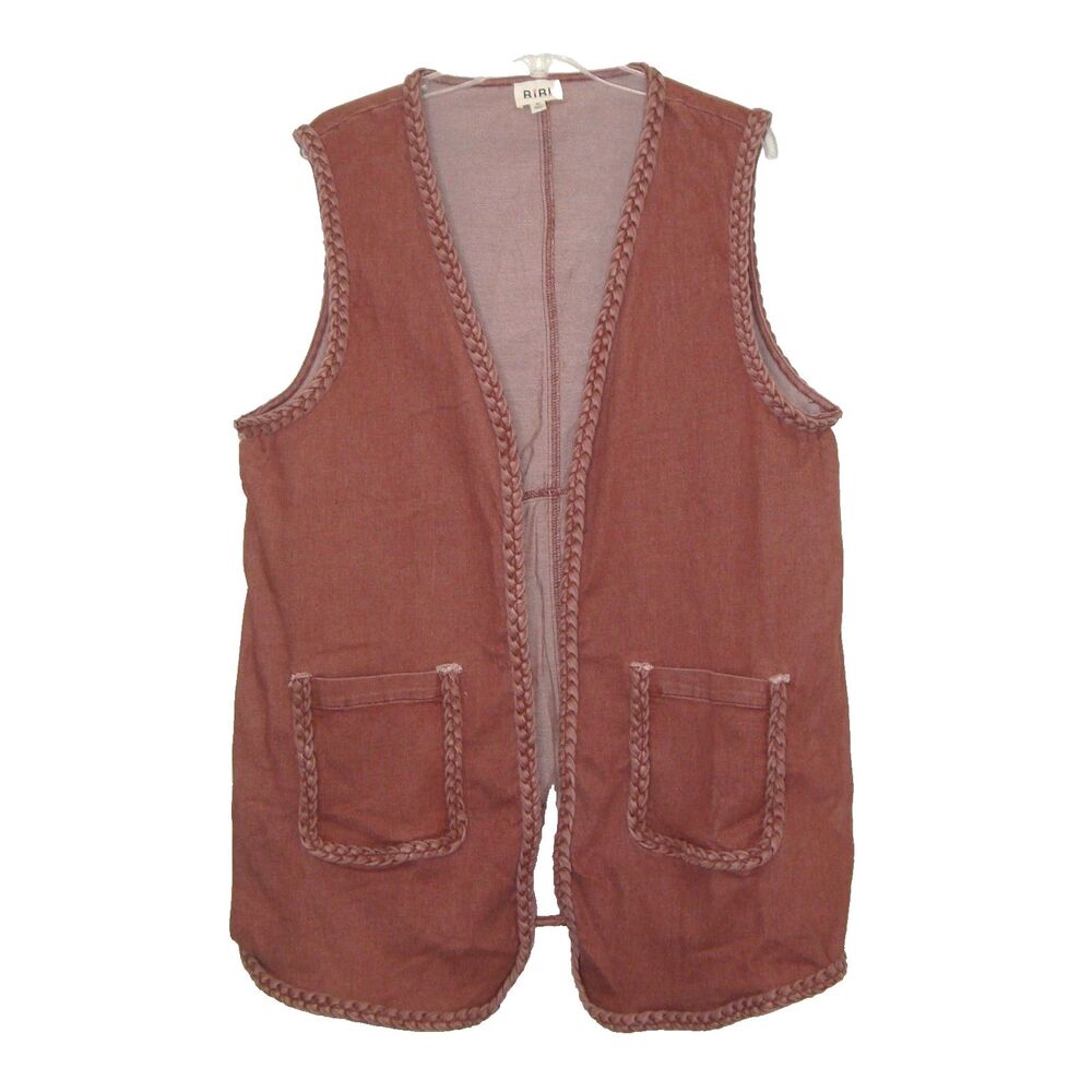 BiBi Braided Trim Open Front Denim Vest with Pockets Size XL Western Boho